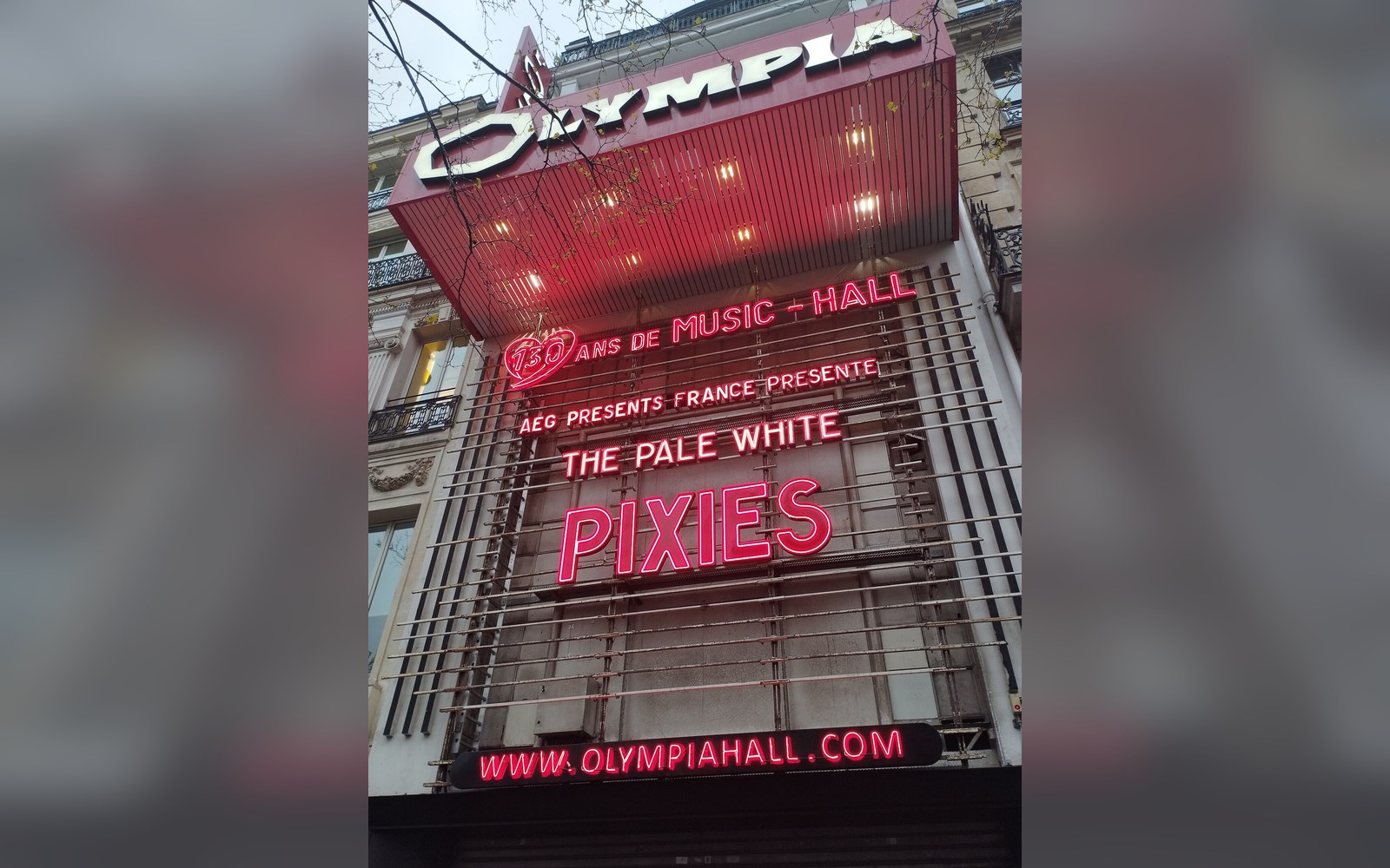Olympia marquee in Paris advertising a Pixies concert with support from The Pale White