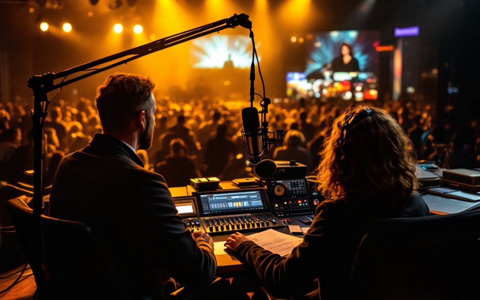 A broadcast studio desk, microphone on a boom, presenter seated and speaking