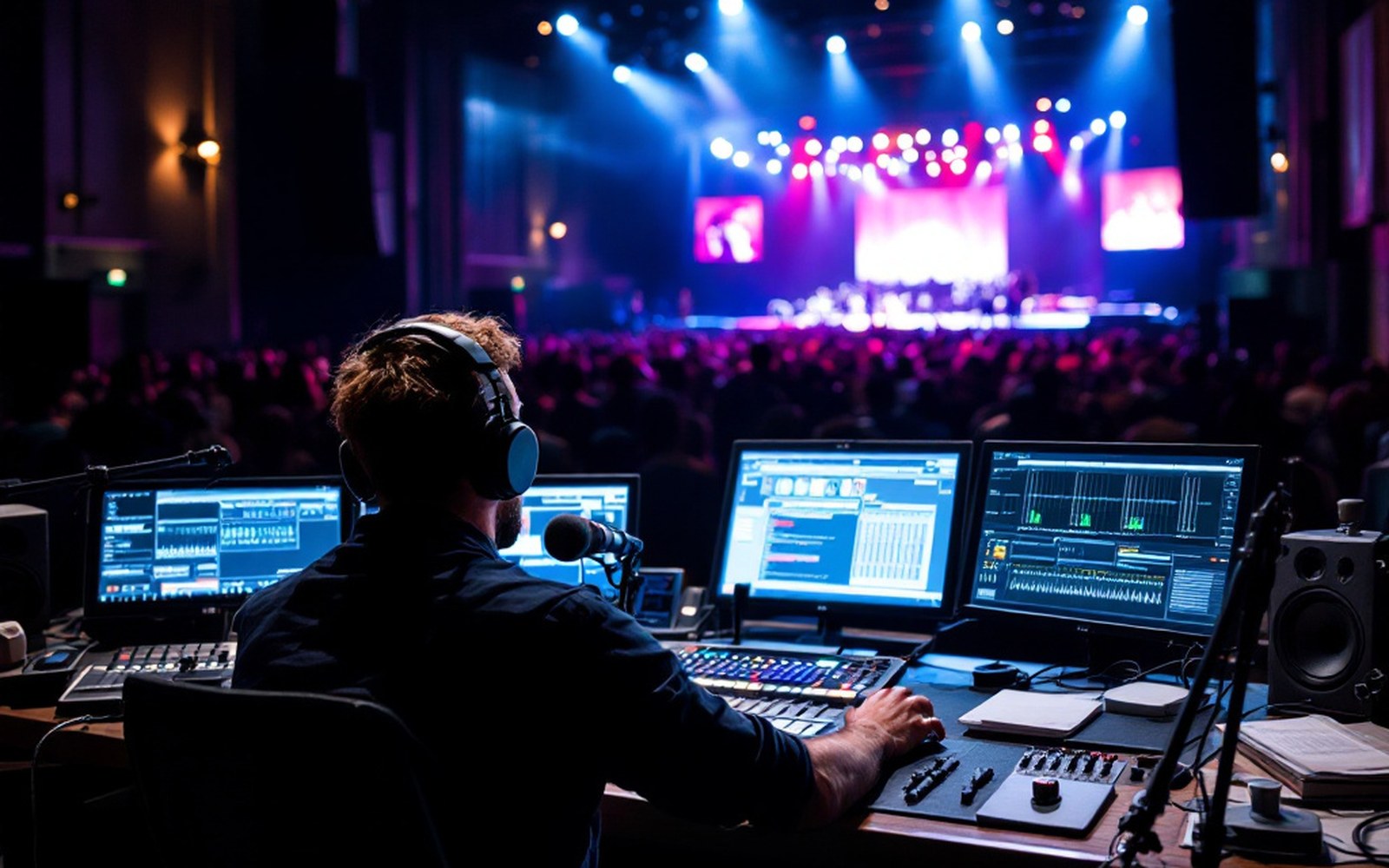 A recording studio in Marseille, engineer at the desk under low light