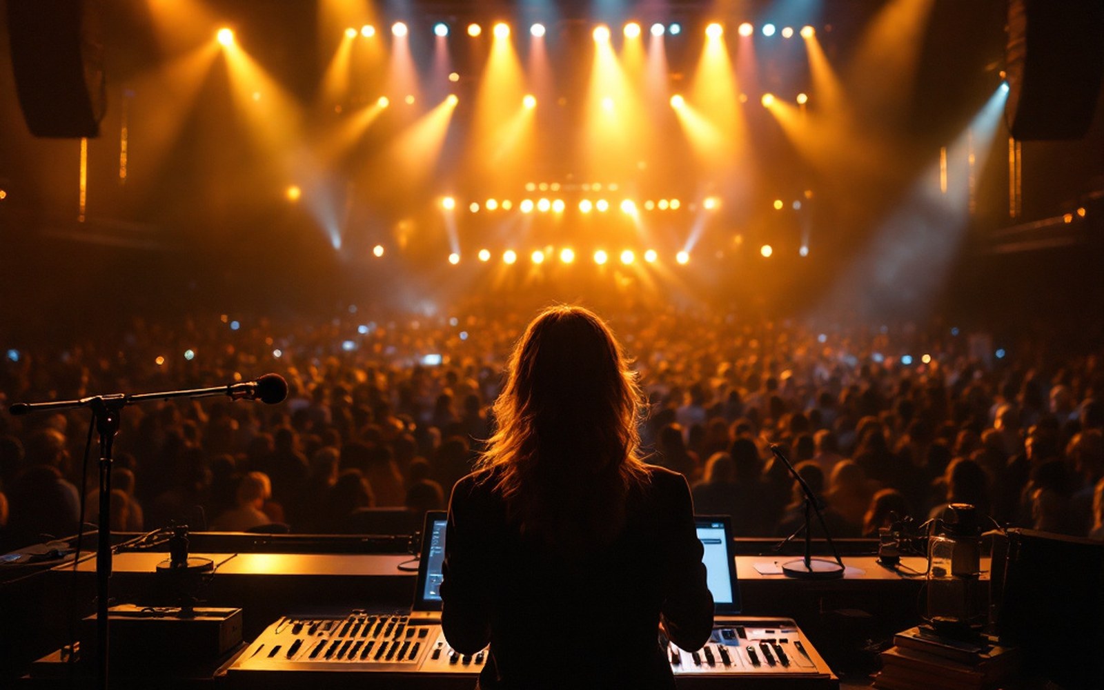 An awards-night stage with the rig fully lit, winner at the microphone