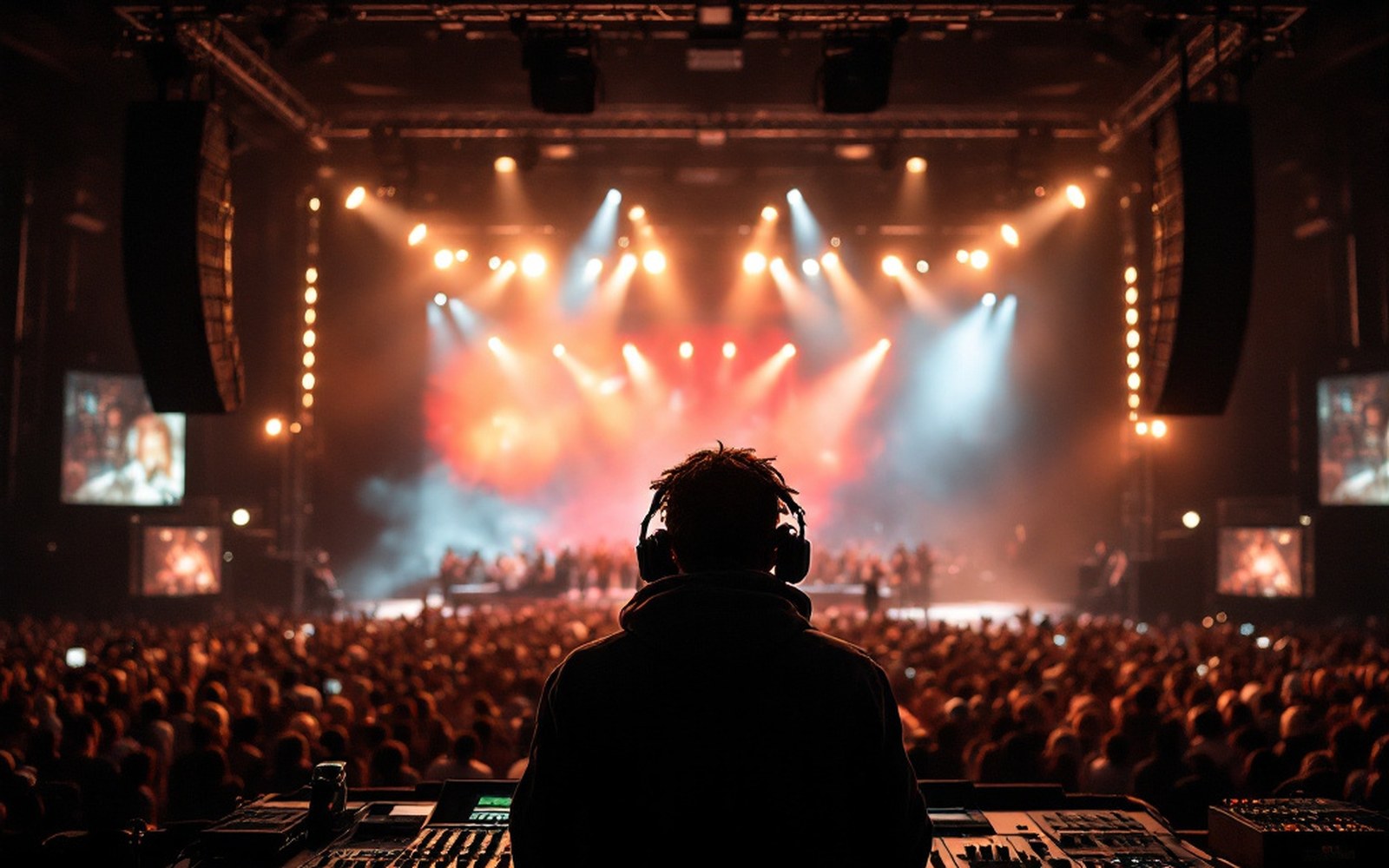 A rapper on a large stage photographed from behind, facing a full adult crowd, rig overhead